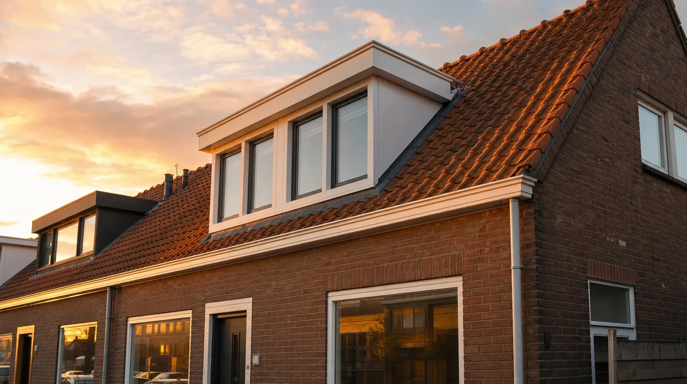 Rijtjeswoning met een nieuwe dakkapel met witte randen op een oranje pannendak, in avondlicht