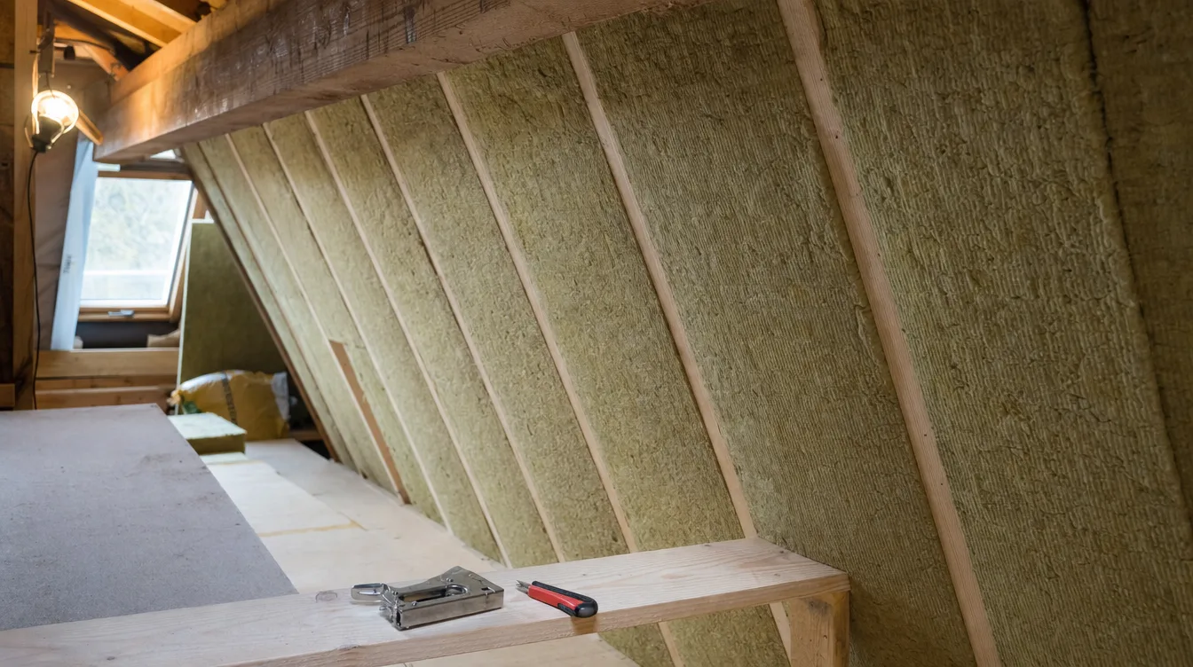 Zolder met vers aangebrachte minerale wol strak tussen de dakspanten, met gereedschap op een houten balk