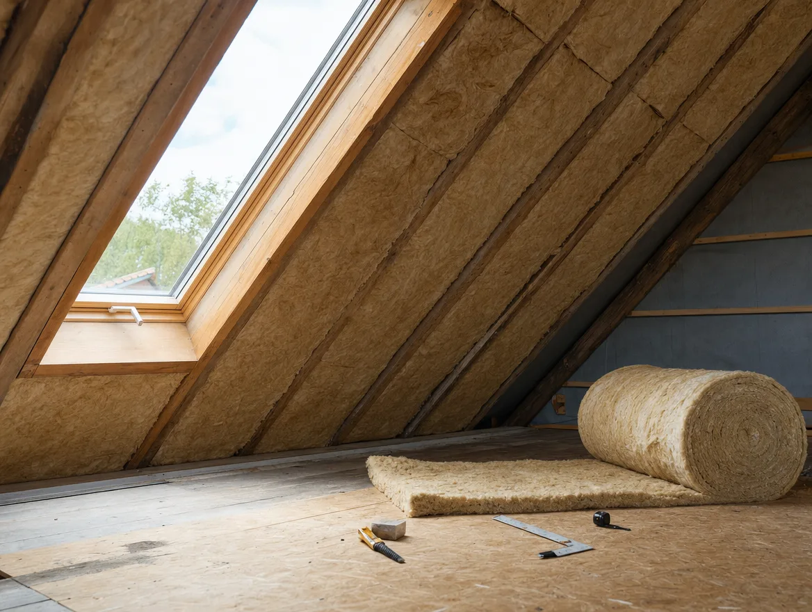 Zolder met een schuin dak dat tussen de houten dakspanten is bekleed met isolatiewol, met een rol isolatiemateriaal en gereedschap op de vloer