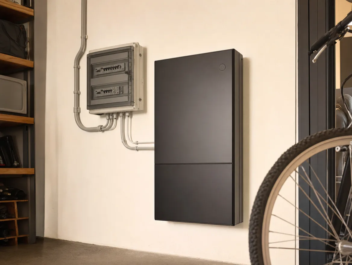 Donkere thuisbatterij aan de wand van een opgeruimde berging naast de meterkast, met een fietswiel op de voorgrond