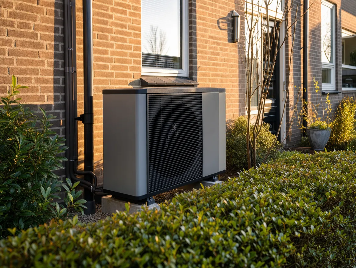 Warmtepomp aan de gevel van een Nederlandse woning in het gouden avondlicht