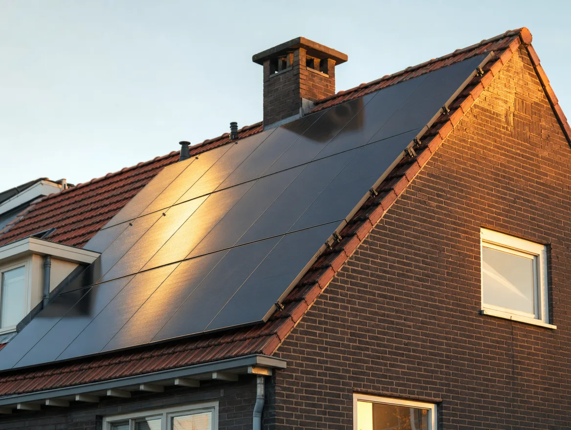 Zonnepanelen op het schuine dak van een Nederlandse woning in gouden avondlicht