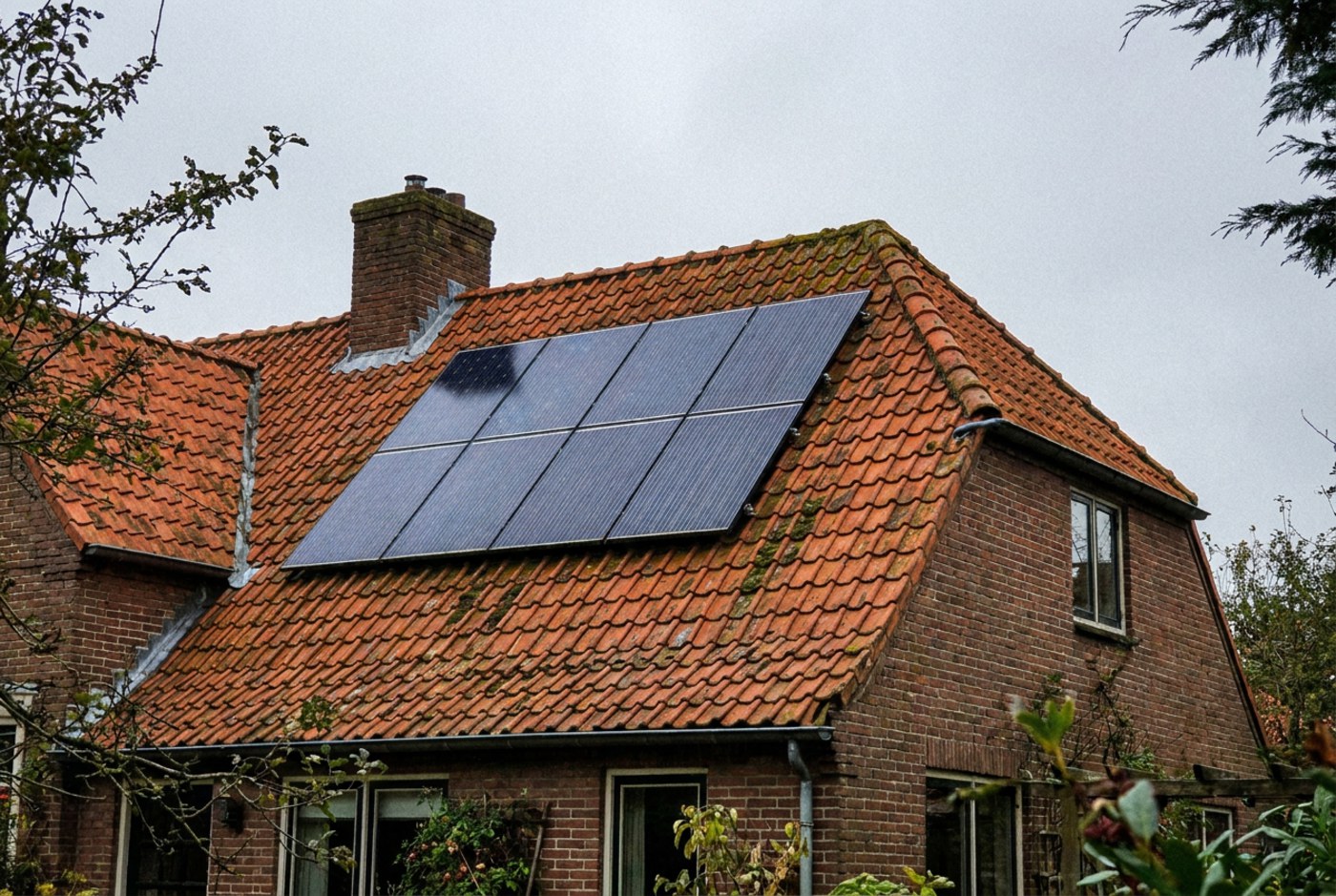 Een rij zonnepanelen op het oranje pannendak van een bakstenen woning met schoorsteen, onder een bewolkte hemel